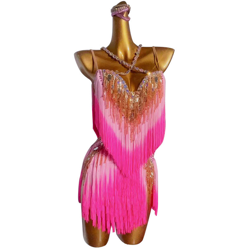 Customized size Pink Gradient fringe Competition latin dance dresses for women girls handmade professional salsa rumba dance bling costumes - Moderndancedress.com
