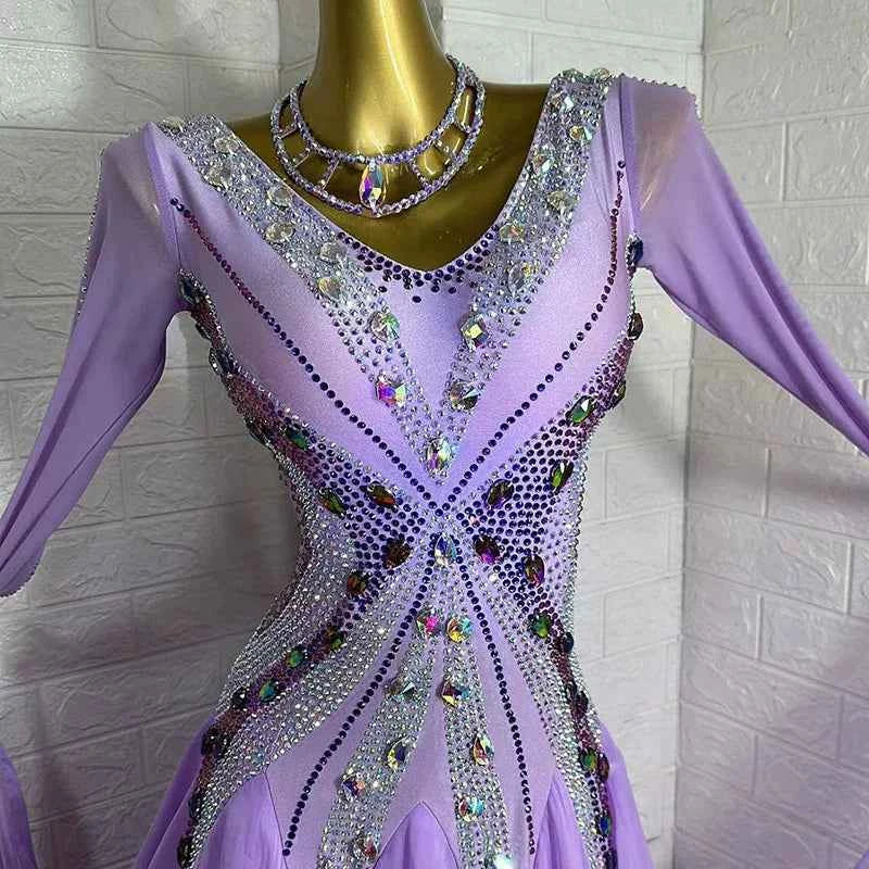 Custom Size Lavender Luxury Ballroom Dance Dress Rhinestones Waltz Competition Dance Gown