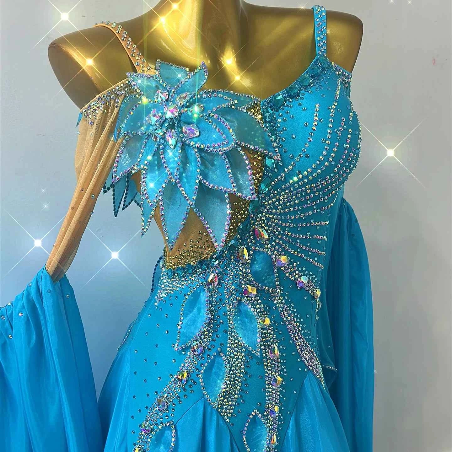 Custom Turquoise Competition Ballroom Dance Dress with 3d Petal Flowers Waltz Tango Smooth Dance Gown