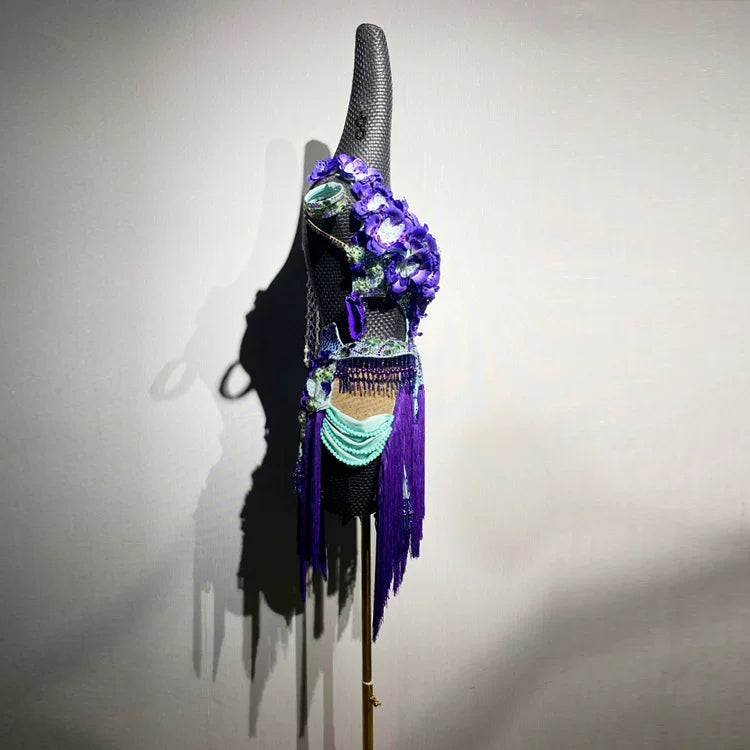Custom 3D Floral Latin Dance Dress | Purple &Mint Professional Ballroom Competition Outfit