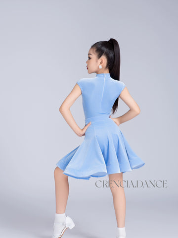 Girls' Blue red velvet latin ballroom dance dresses kids modern dance professional competition clothes for Children - Moderndancedress.com