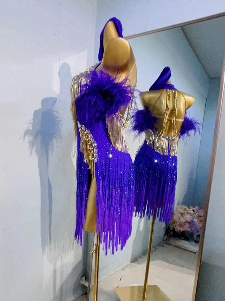 Custom Size Violet Feather Competition Latin Dance Dresses for Women Girls Salsa Rumba Chacha Outfits - Moderndancedress.com