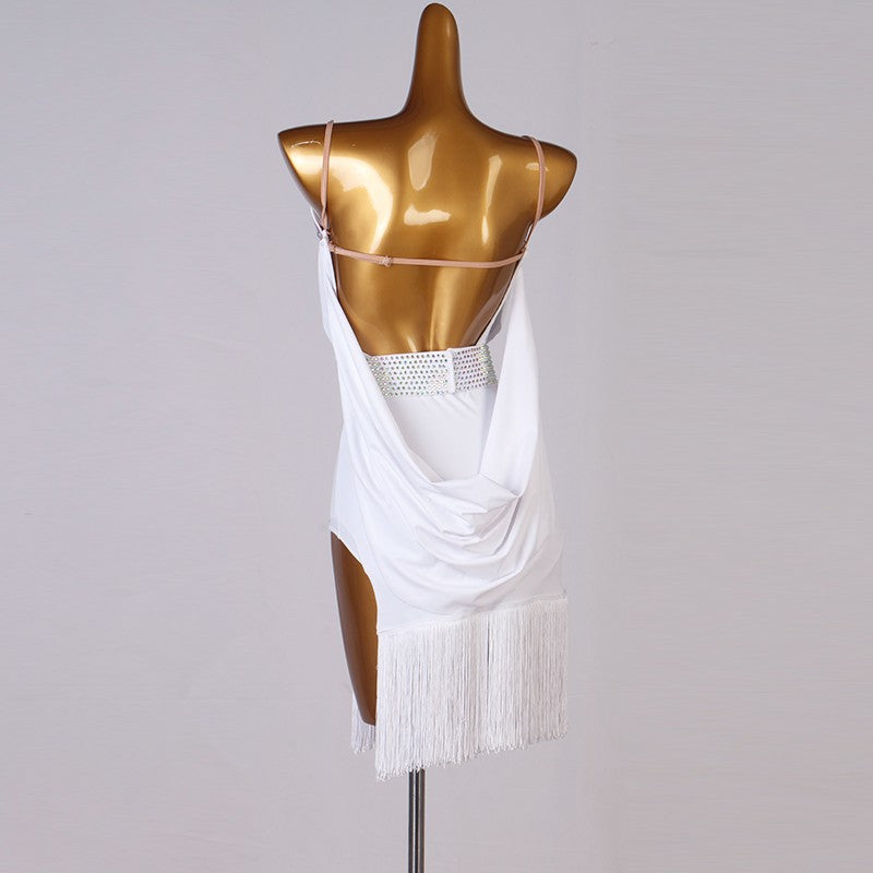 White diamond tassels competition latin dance dress for women girls modern dance salsa rumba chacha dance costumes - Moderndancedress.com