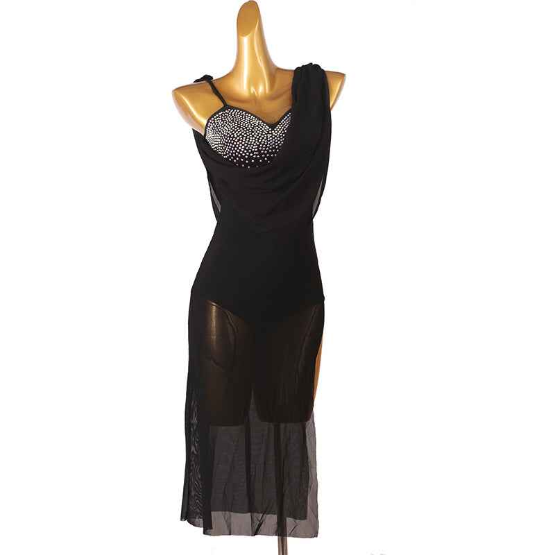 Red Blue White Flowy Latin Dance Dresses for Women Girls Slant Neck Salsa Rumba Chacha Jive Dance Long Skirt - Moderndancedress.com