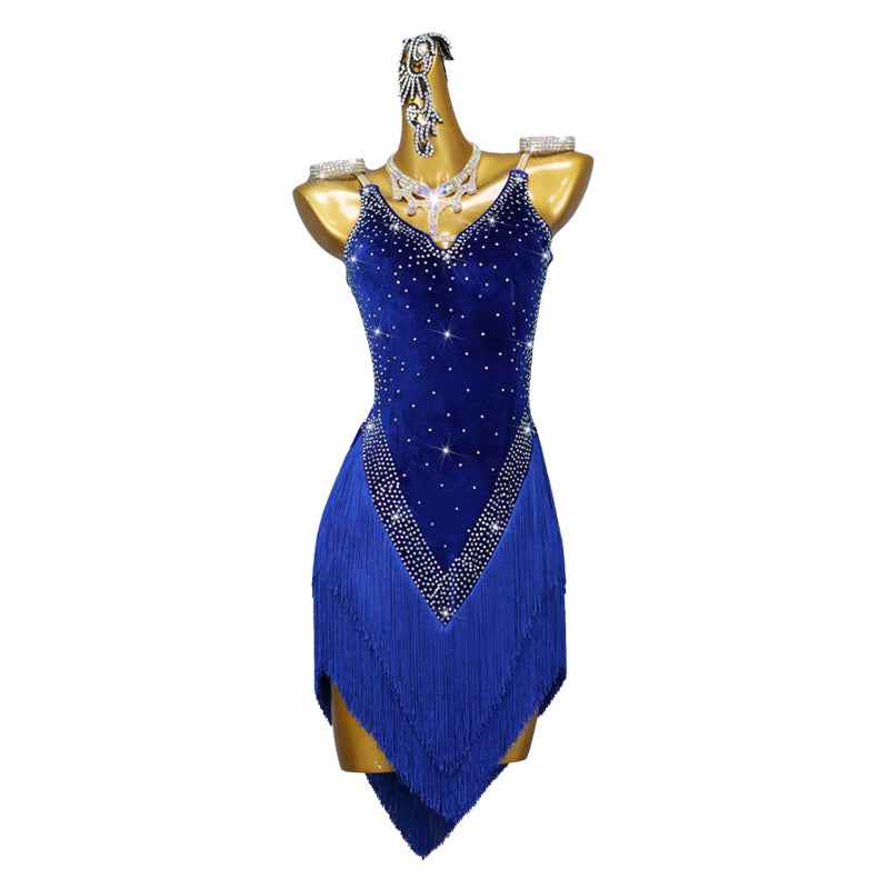 Royal Blue Competition Latin Dance Dresses  for Women Girls Velvet Salsa Rumba Chacha Performance Dress - Moderndancedress.com