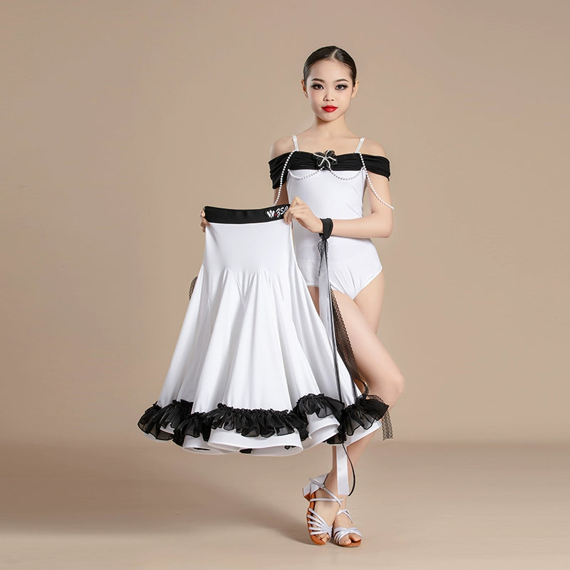 Girls white black Modern ballroom dance dresses kids Waltz Tango Performances Competition long gown swing skirts for Children - Moderndancedress.com