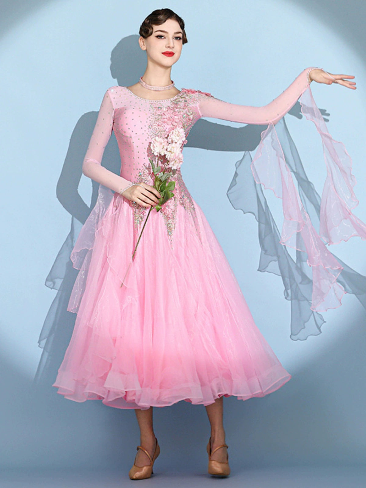 Custom size pink competition bling ballroom dance dresses for women girls kids waltz tango rhythm smooth foxtrot National standard dance long gown - Moderndancedress.com