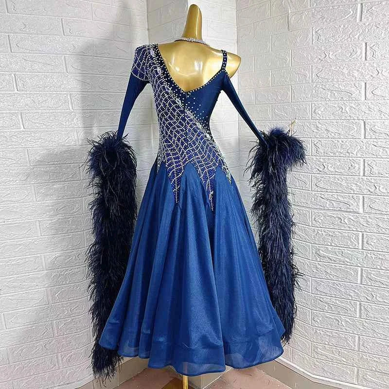 Custom Size Competition Ballroom Dance Dresses for Women Girls Feather Floating Waltz Tango Foxtrot Smooth Dance Long Gown