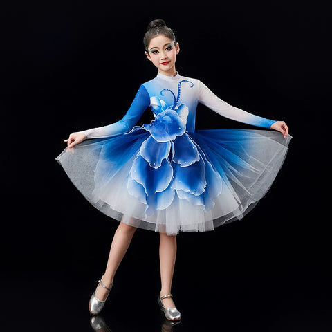 Children's pink green Petals modern dance dresses chorus performance girls tutu skirts school church choir competition outfits - Moderndancedress.com