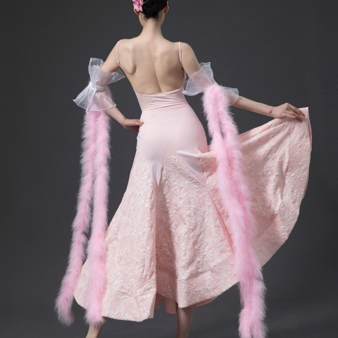 Pink Feather Ballroom Dance Dresses for Women Girls Green National Standard Waltz Tango Foxtrot Smooth Dance Long Swing Skirts - Moderndancedress.com