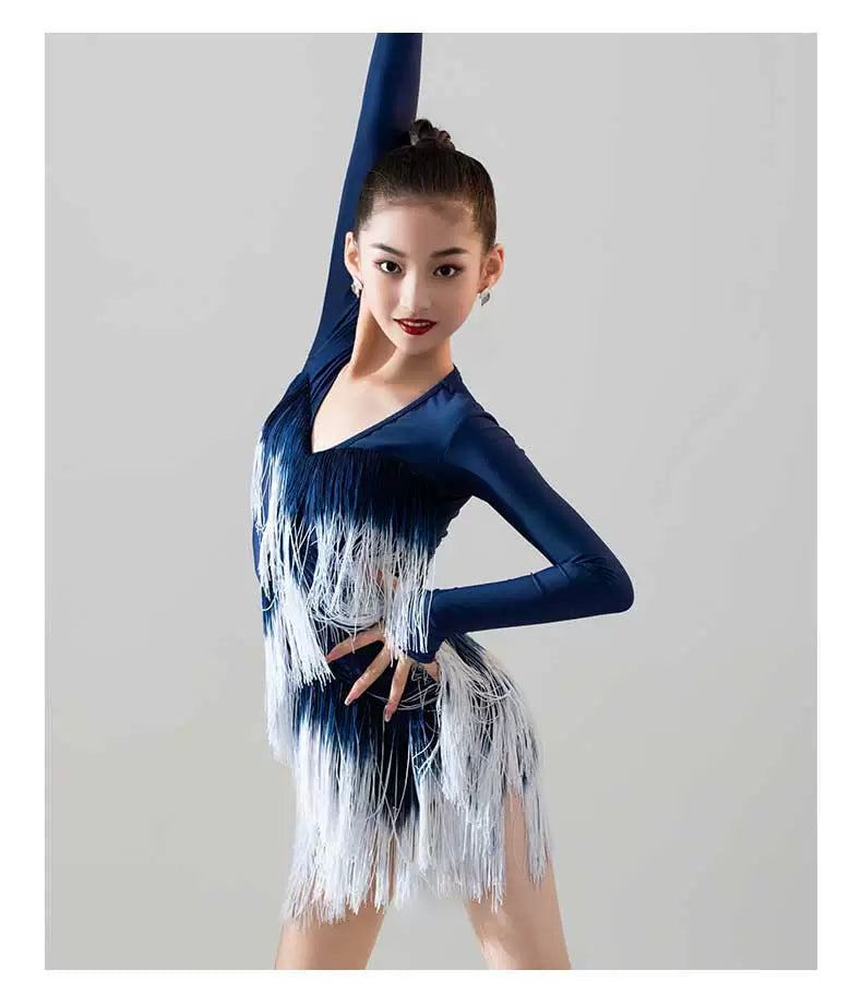Navy Hot Pink Blue Gradient Fringe Long Sleeves Latin Dance Dresses for Girls Kids Salsa Rumba Chacha Party Performance Outfits for Children - Moderndancedress.com