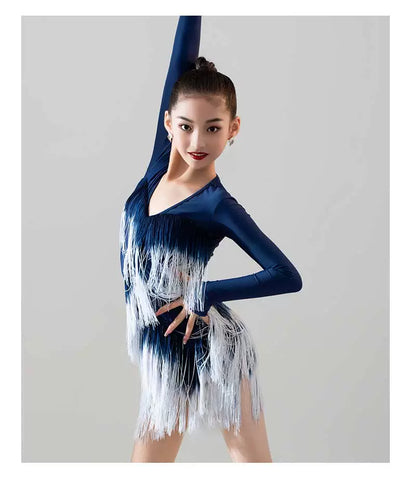 Navy Hot Pink Blue Gradient Fringe Long Sleeves Latin Dance Dresses for Girls Kids Salsa Rumba Chacha Party Performance Outfits for Children - Moderndancedress.com