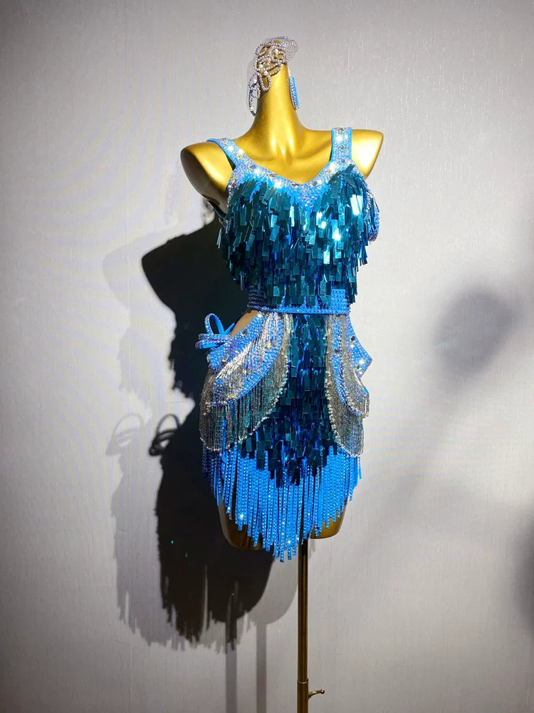 Custom Size Competition Turquoise Latin Dance Dress Bling Fringe Fuchsia Blackpool Performance Clothes