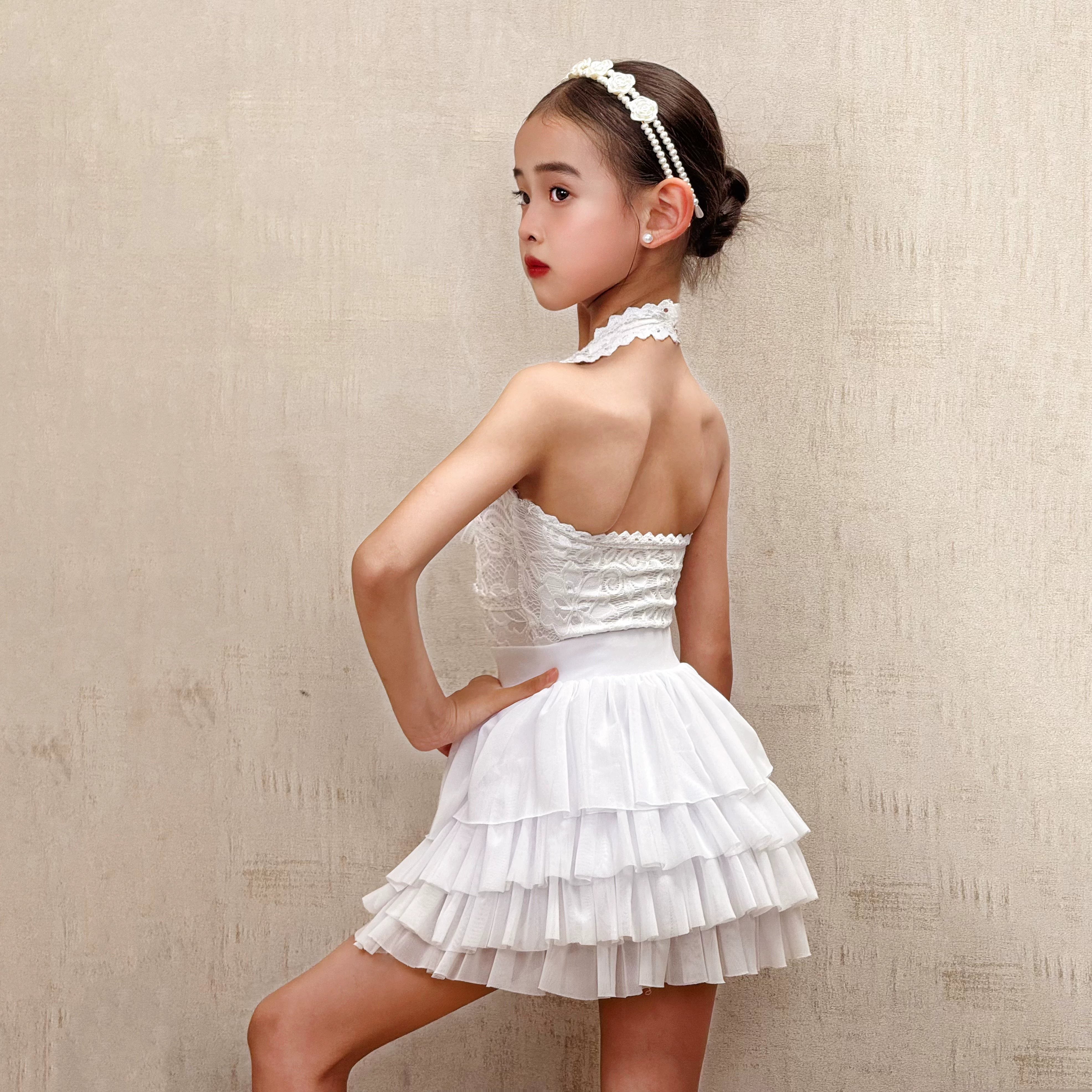 Girls Latin Dance Dresses White Lace Ruffles Salsa Rumba Chacha Dance Wear for Kids - Moderndancedress.com
