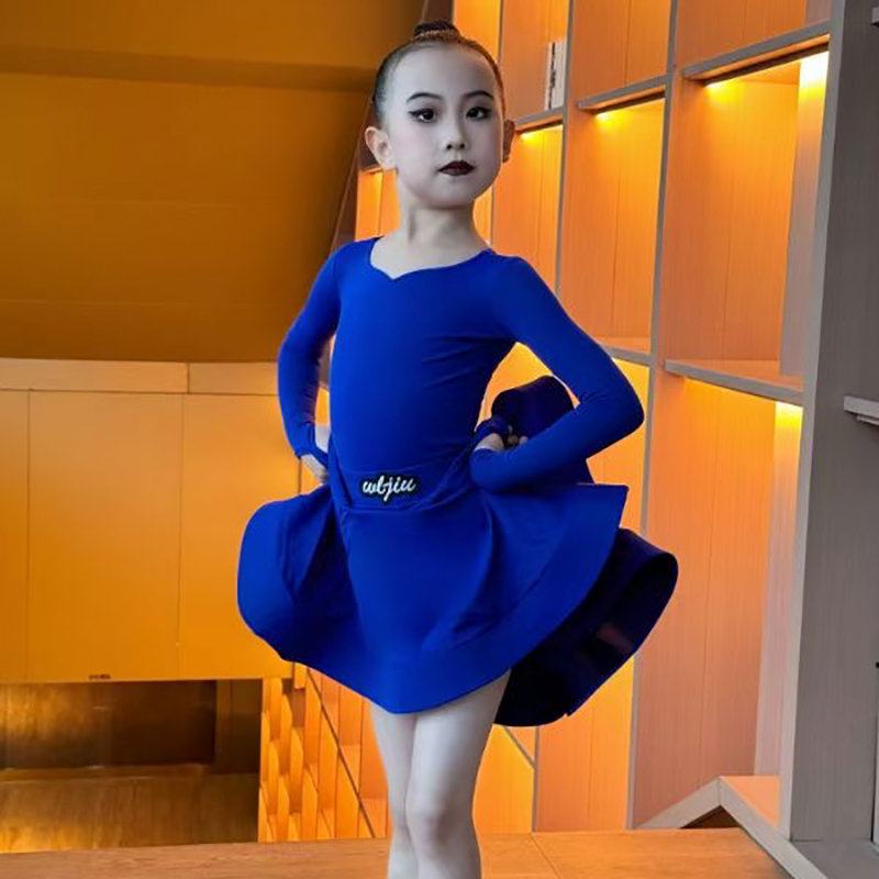 Blue green Latin ballroom dance competition dresses for girls kids salsa rumba chacha  standard dance uniforms - Moderndancedress.com