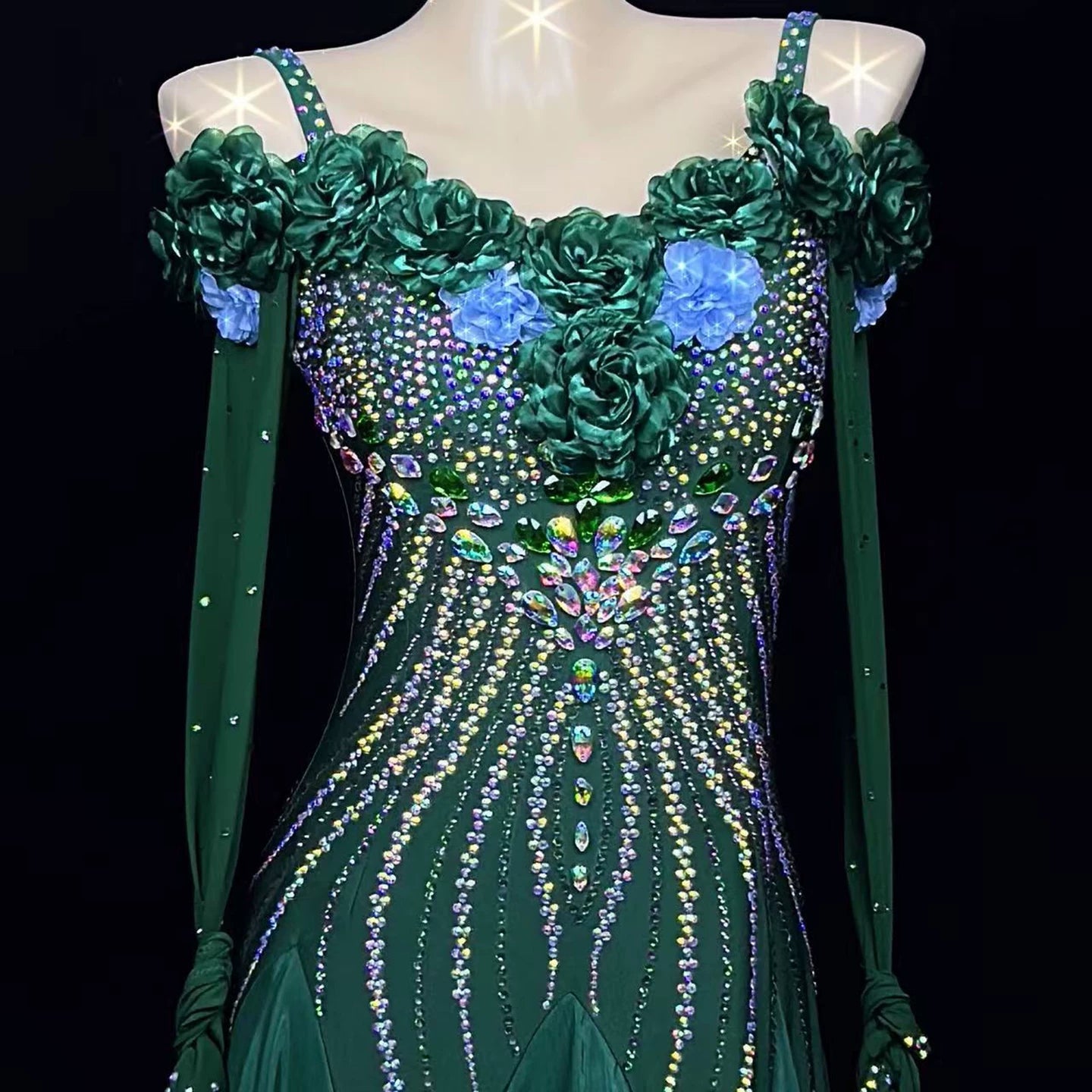 Custom Emerald Green Ballroom Dance Dress with 3D Flowers  Rhinestone Waltz Tango Gown