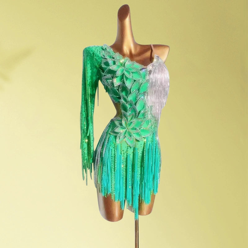 Custom Size Dark Green Competition Latin Dance Dresses for Women Girls Salsa Rumba Chacha Dance Outfits - Moderndancedress.com