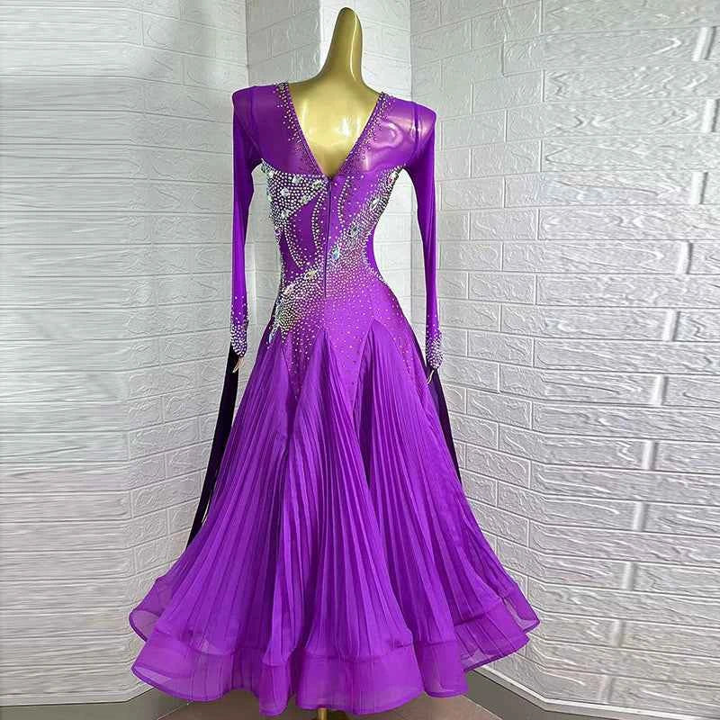 Customized Size Violet Purple Competition Ballroom Dance Dresses for Women Girla Tango Waltz Performance Costume