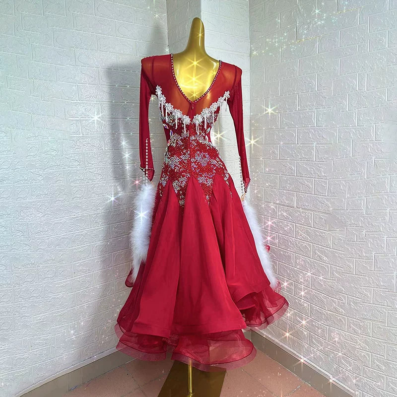 Custom Crystal Burgundy Ballroom Dance Dress with White Feather Floats Foxtrot Waltz Dance Gown