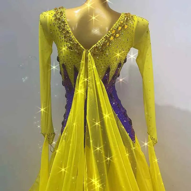 Customized Gold with Violet Ballroom Dance Dress for Women Crystal Bling Waltz Tango Foxtrot Dance Gown