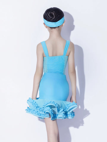 Turquoise Latin dance dresses for girls kids children's Latin ballroom stage performance suit - Moderndancedress.com