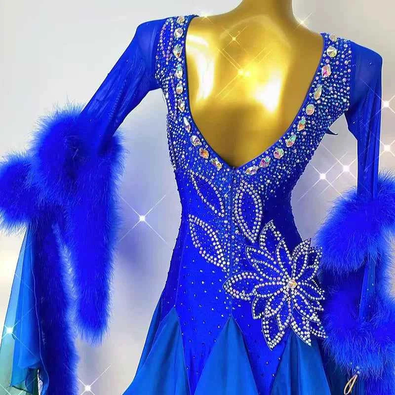Customized Size Feather Competition Ballroom Dance Dresses for Women Girls Blue Dark Green Waltz Tango Foxtrot Dance Gown
