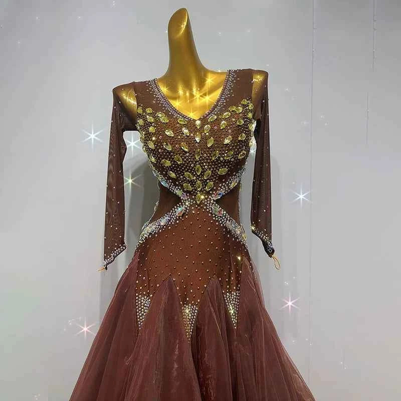 Custom Size Coffee Gold Stones Competition Ballroom Dance Dresses Waltz Tango Dance Long Gown for Women