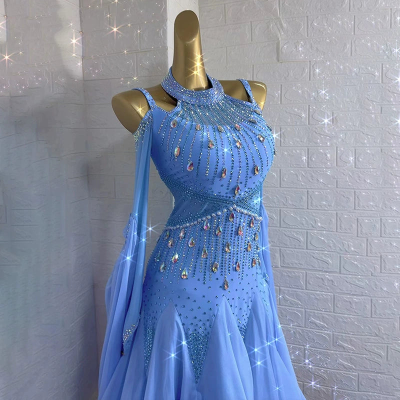 Custom Size Blue Ballroom Dance Dresses for Women Girls Waltz Tango Competition Performance Gown Off Shoulder - Moderndancedress.com