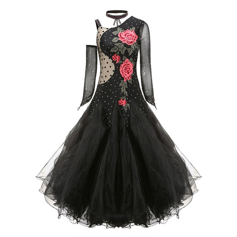One Shoulder Black Ballroom Dance Dresses for Women Girls Rose Flowers Adult Female National Standard Social Dance Waltz Tango Performance Gown - Moderndancedress.com