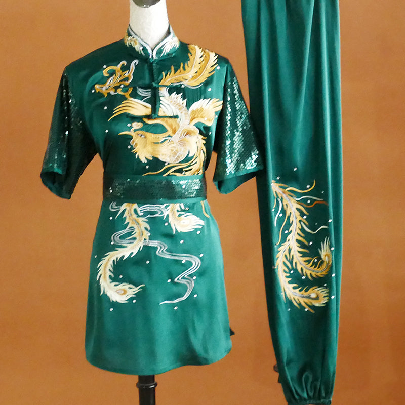 Dark Green Martial Arts Clothes for Unisex Wushu Tai Chi Uniforms Short-sleeved Embroidered Dragon Phoenix Long Fist Exam Clothing - Moderndancedress.com