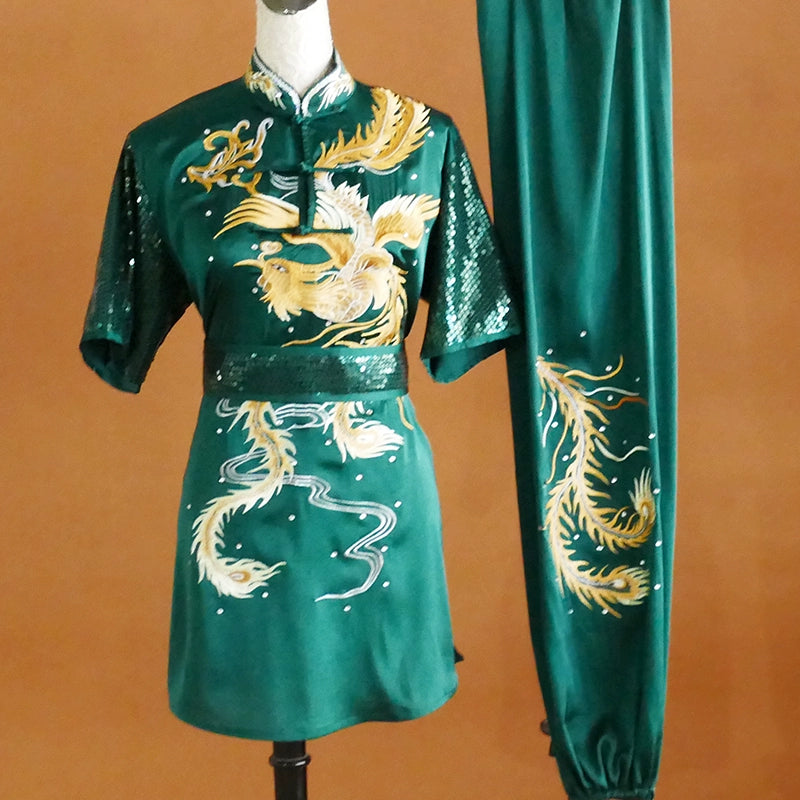 Dark Green Martial Arts Clothes for Unisex Wushu Tai Chi Uniforms Short-sleeved Embroidered Dragon Phoenix Long Fist Exam Clothing - Moderndancedress.com