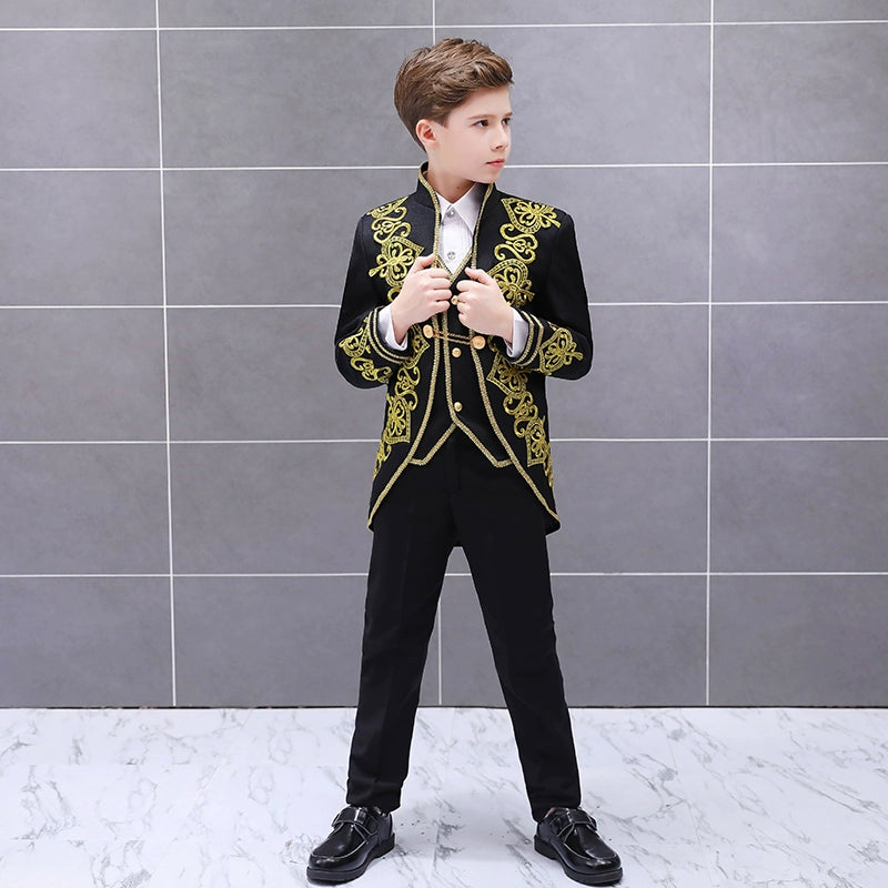 Boys Jazz Dance Costumes Children Golden Flower Loving Three-piece vest European Court Dress Prince Charming stage drama Costume - Moderndancedress.com