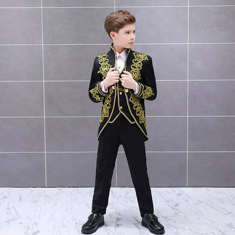 Boys Jazz Dance Costumes Children Golden Flower Loving Three-piece vest European Court Dress Prince Charming stage drama Costume - Moderndancedress.com