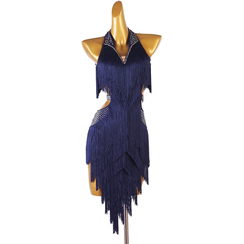 Latin Dance Competition Dresses for Women Girls Navy Yellow Blue Red Purple Dark Green Diamond Haler Neck Latin Salsa Rumba Chacha Dance Costumes - Moderndancedress.com