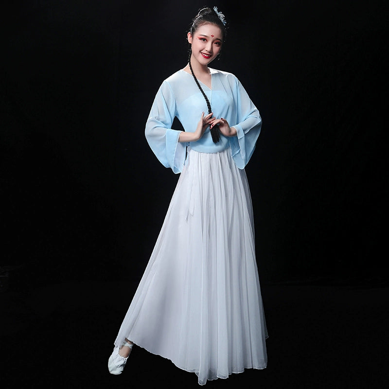 Chinese Folk Dance Costume Classical Dance Costume Chinese Wind Training Gongfu Modern Dance Costume Fan Long Skirt Fairy Adult