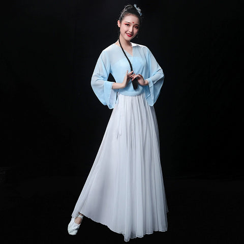 Chinese Folk Dance Costume Classical Dance Costume Chinese Wind Training Gongfu Modern Dance Costume Fan Long Skirt Fairy Adult - 