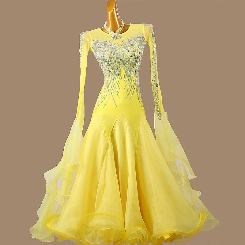 Custom Size Yellow Competition Ballroom Dance Dress Smooth Waltz Dancing Costumes