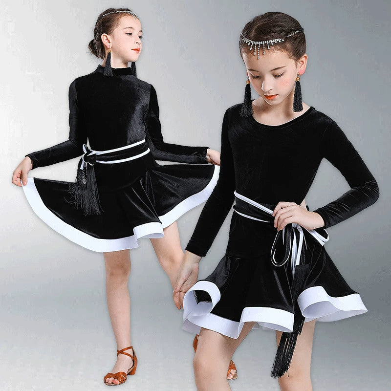 Children's Latin dance dress girl's gold velvet long sleeve split Latin suit training suit competition performance suit - Moderndancedress.com
