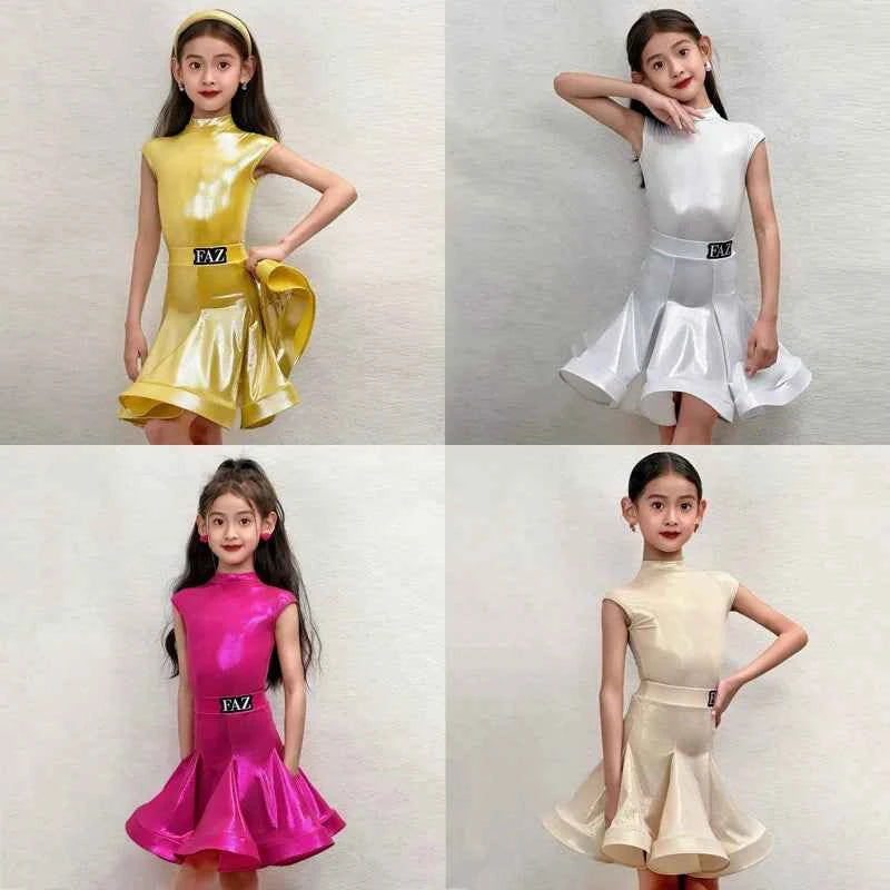Girls Gold Hot Pink Glitter Latin Dance Dresses Kids Ballroom Salsa Grade Regulations Perform Clothes