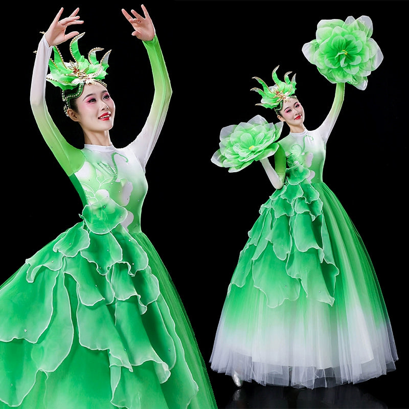 Women girls Opening Dance flamenco dance petals dresses pink blue green yellow church choir performance gown modern dance solo Choral wear - Moderndancedress.com