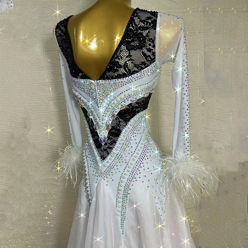 Customized Size Ballroom Dance Dresses for Women Competition White Black Ostrich Feather Waltz Tango Performance Long Gown
