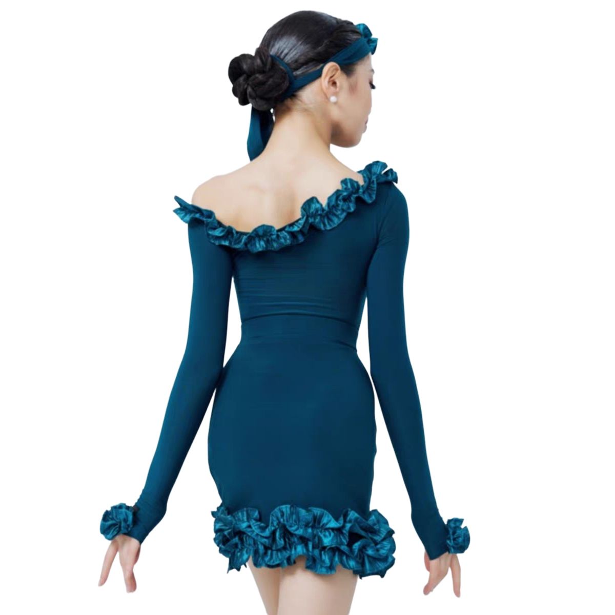 Girls Peacock Blue Slant Neck Latin Dance Dresses Ruffles Edge Off Shoulder Salsa Rumba Chacha Dance Long-sleeved Skirt for Kids - Moderndancedress.com