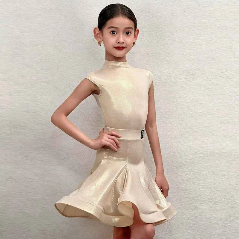 Girls Gold Hot Pink Glitter Latin Dance Dresses Kids Ballroom Salsa Grade Regulations Perform Clothes