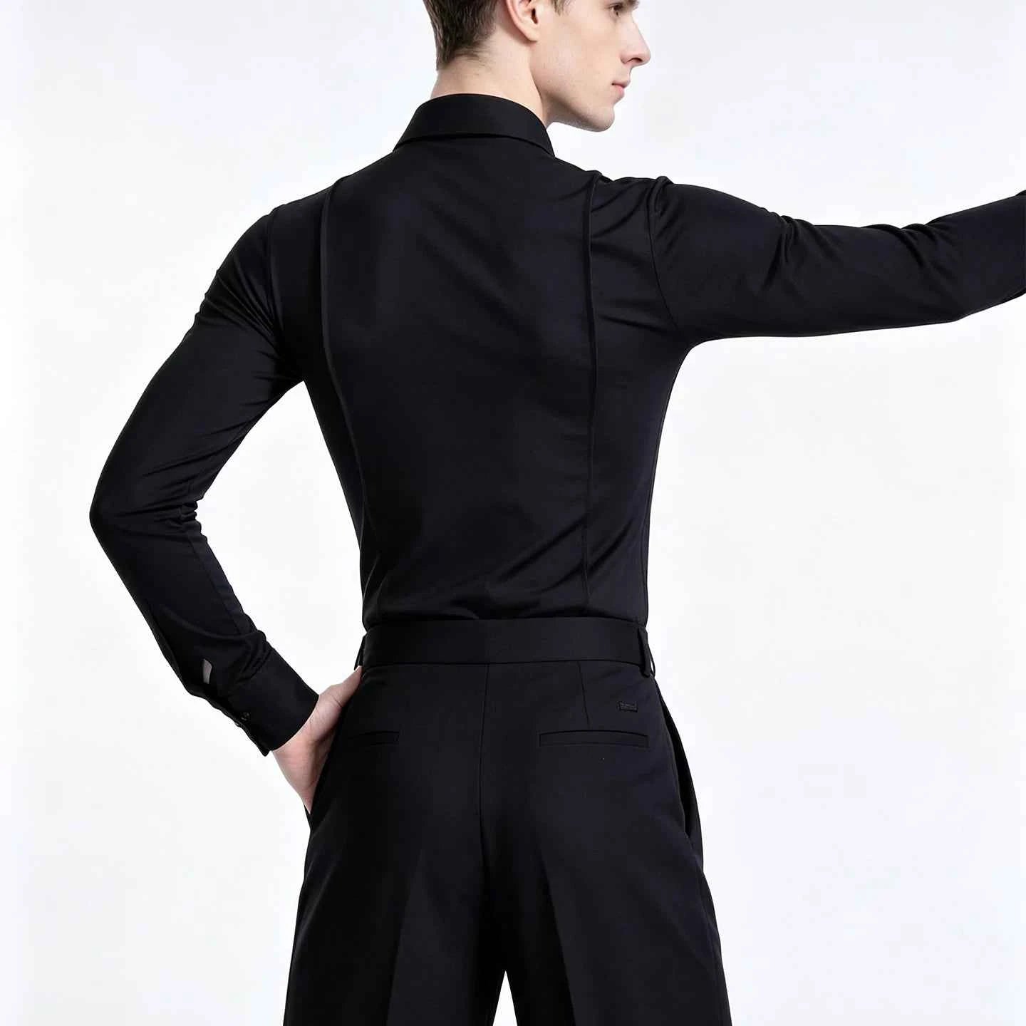Men's Black Stretchable Latin Dance Shirt - Slim Fit Long Sleeves