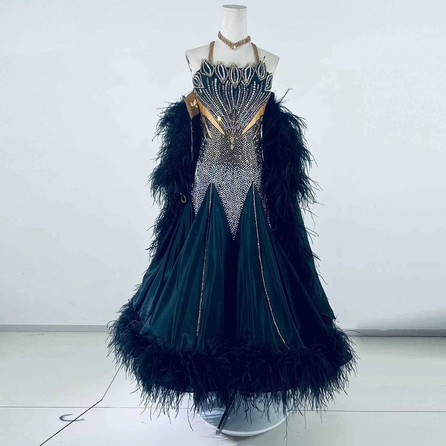 Custom Size Black & Gold Competition Ballroom Dance Dress with Feathers & Crystals –