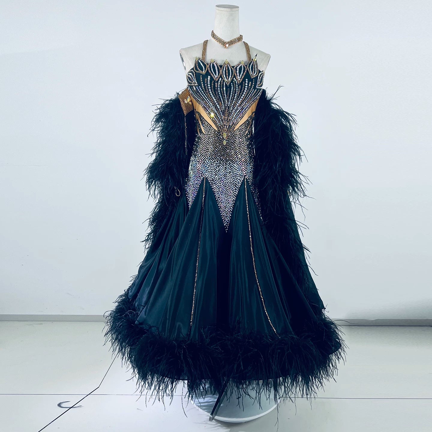 Custom Size Black & Gold Competition Ballroom Dance Dress with Feathers & Crystals