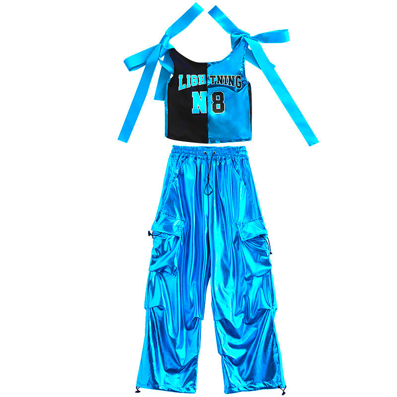 Girls' Blue Shiny Jazz Dance Costume Hip Hop Street Dance Outfits for Kids Rapper Singer Gogo Dancers Model Catwalk Suit - Moderndancedress.com
