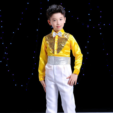 Boys Hip Hop Costume Sequin Shirts White Pants Suit Jazz Costumes Kids Stage Dancing Outfit Children Street Show Wear - Moderndancedress.com