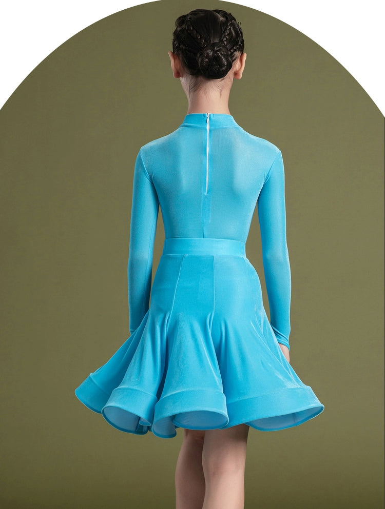 Children's Turquoise Blue  Velvet Latin Dance Competition Dresses Girls Salsa Rumba Chacha Ballroom Professional Grading Long-sleeved Standard Clothing - Moderndancedress.com