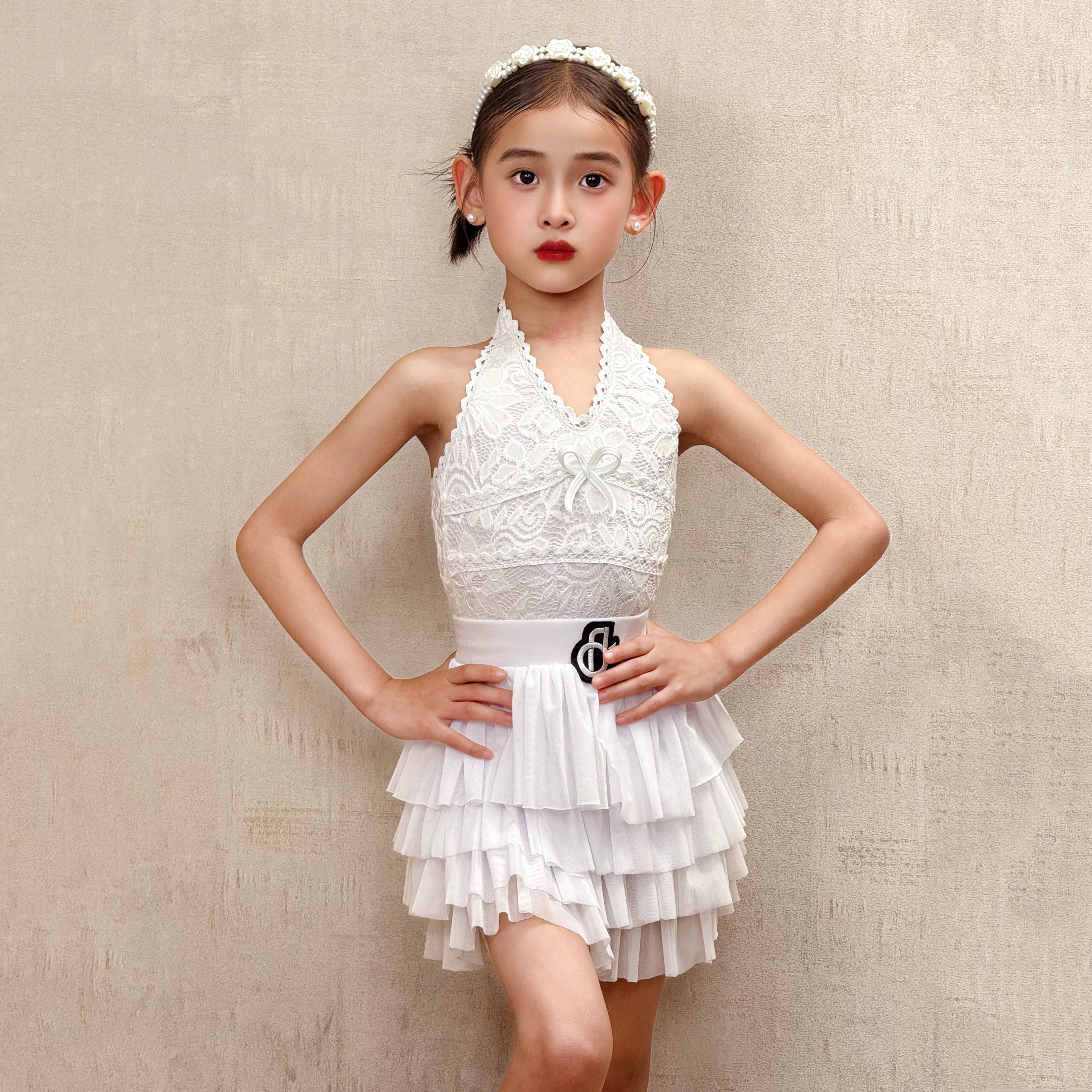 Girls Latin Dance Dresses White Lace Ruffles Salsa Rumba Chacha Dance Wear for Kids - Moderndancedress.com